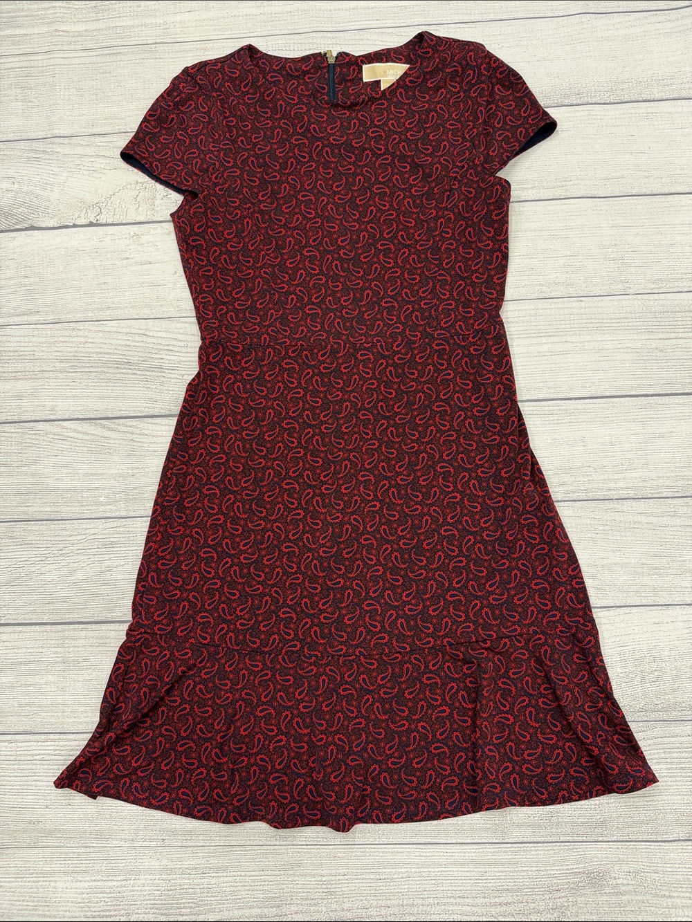 Michael Kors Red & Navy Paisley Print Fit & Flare Dress Size Small